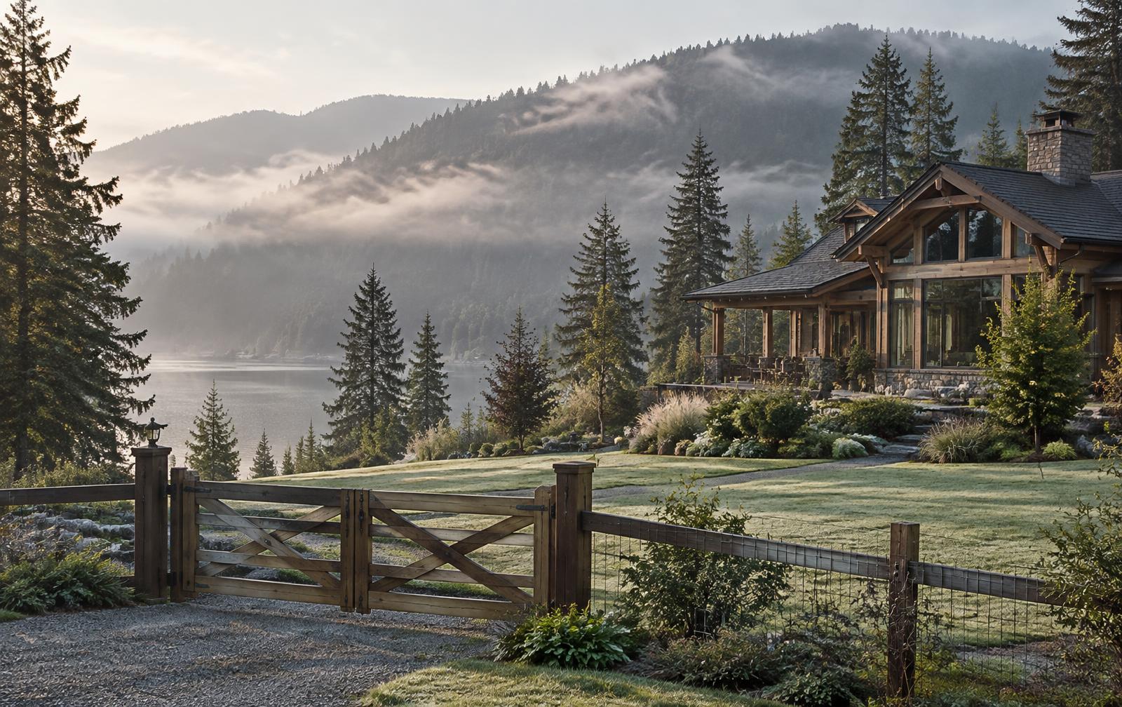 A cedar lake house and fenced acreage below a misty evergreen hillside at morning