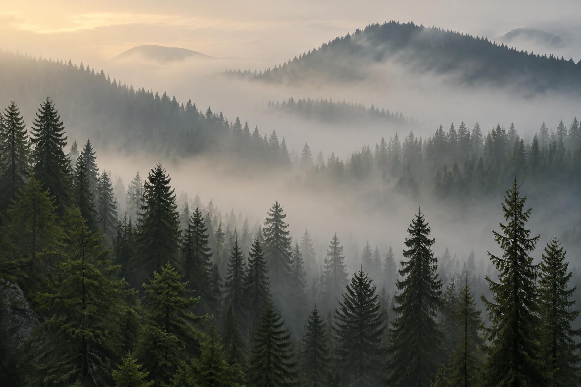 Mist drifting through a coniferous forest in interior British Columbia at dawn